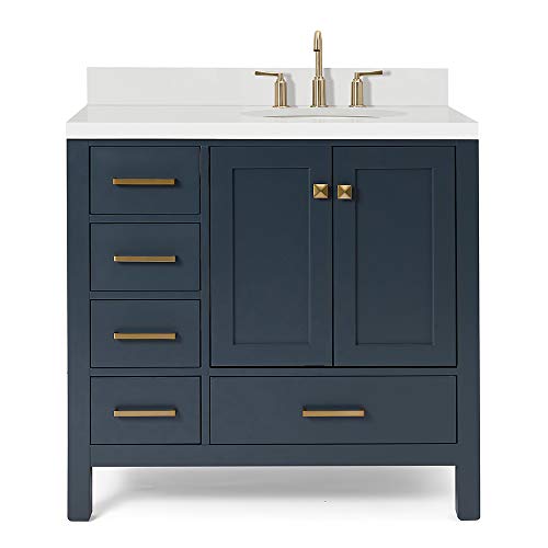 ARIEL 37" Inch Midnight Blue Bathroom Vanity w/ 1.5" Edge Pure White Quartz Countertop & Backsplash | Right Oval Sink | 2 Soft Closing Doors & 5 Full Extension Dovetail Drawers | Satin Brass Hardware