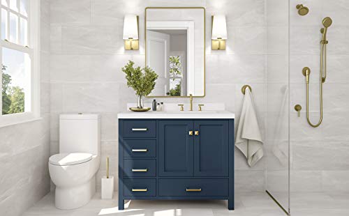 ARIEL 37" Inch Midnight Blue Bathroom Vanity w/ 1.5" Edge Pure White Quartz Countertop & Backsplash | Right Oval Sink | 2 Soft Closing Doors & 5 Full Extension Dovetail Drawers | Satin Brass Hardware