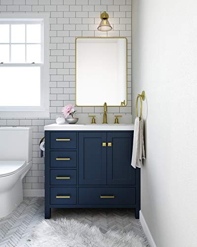ARIEL 37" Inch Midnight Blue Bathroom Vanity w/ 1.5" Edge Pure White Quartz Countertop & Backsplash | Right Oval Sink | 2 Soft Closing Doors & 5 Full Extension Dovetail Drawers | Satin Brass Hardware