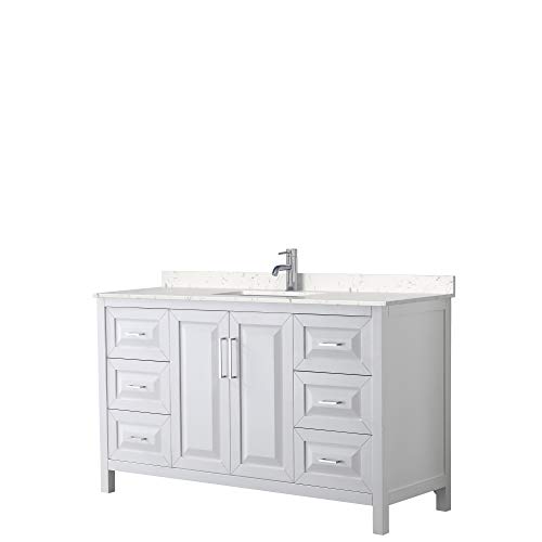 Daria 60 Inch Single Bathroom Vanity in White, Light-Vein Carrara Cultured Marble Countertop, Undermount Square Sink, No Mirror