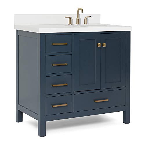 ARIEL 37" Inch Midnight Blue Bathroom Vanity w/ 1.5" Edge Pure White Quartz Countertop & Backsplash | Right Oval Sink | 2 Soft Closing Doors & 5 Full Extension Dovetail Drawers | Satin Brass Hardware