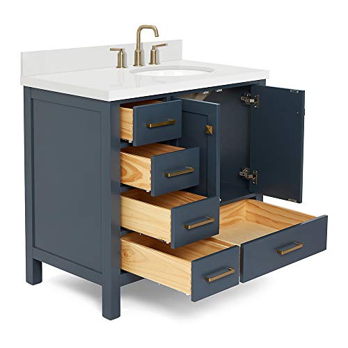 ARIEL 37" Inch Midnight Blue Bathroom Vanity w/ 1.5" Edge Pure White Quartz Countertop & Backsplash | Right Oval Sink | 2 Soft Closing Doors & 5 Full Extension Dovetail Drawers | Satin Brass Hardware