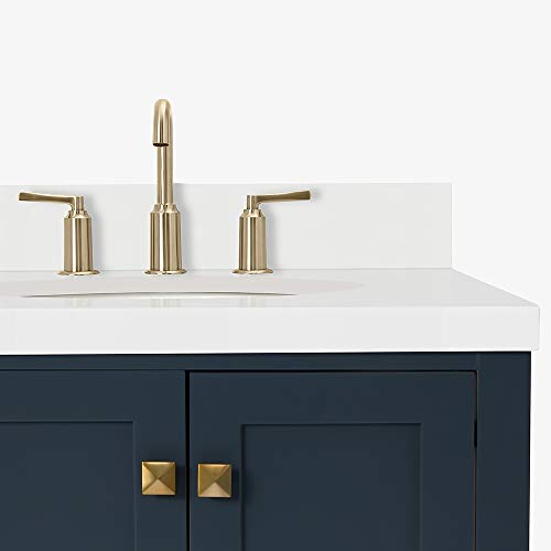 ARIEL 37" Inch Midnight Blue Bathroom Vanity w/ 1.5" Edge Pure White Quartz Countertop & Backsplash | Right Oval Sink | 2 Soft Closing Doors & 5 Full Extension Dovetail Drawers | Satin Brass Hardware