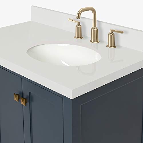 ARIEL 37" Inch Midnight Blue Bathroom Vanity w/ 1.5" Edge Pure White Quartz Countertop & Backsplash | Right Oval Sink | 2 Soft Closing Doors & 5 Full Extension Dovetail Drawers | Satin Brass Hardware