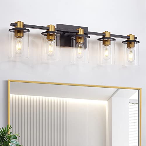5 Light Bathroom Vanity Light, Black and Gold Bathroom Light Fixtures, Sconces Wall Lighting with Clear Glass Shade, Modern Brushed Gold Vanity Lighting fixtures for Bathroom, Bedroom, Hallway
