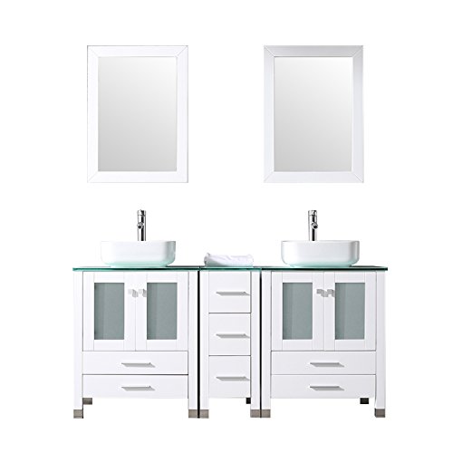 BATHJOY 61.4" White Double Wood Bathroom Vanity Cabinet and Ceramic Vessel Sink w/Mirror Combo Faucet