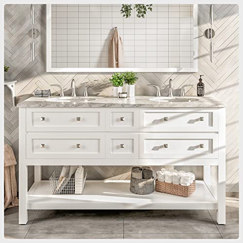 Eviva White Bathroom Vanity with Sink - Porcelain Round Double Sink Bathroom Vanity - Bathroom Sink Cabinet - Pre-Assembled Solid Wood 60 in Bathroom Vanity with Legs - Marble Top Double Vanity Sink