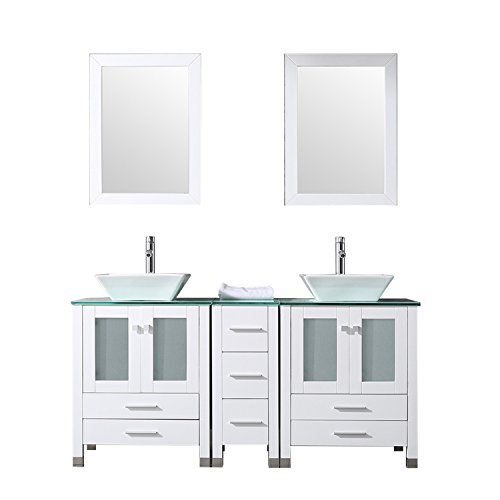 wonline 60" White Double Wood Bathroom Vanity Cabinet and Round Ceramic Sink w/Mirror Combo Wash Basin with Faucet (Square)