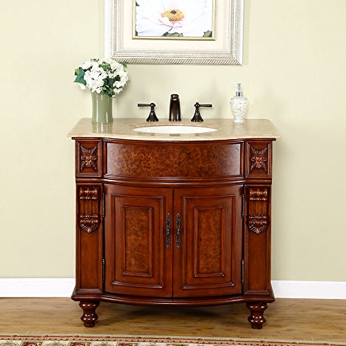 Silkroad Exclusive JYP-0192-T-UIC-36 Travertine Stone Top Single Sink Bathroom Vanity with Cherry Finish Cabinet, 36", Medium Wood