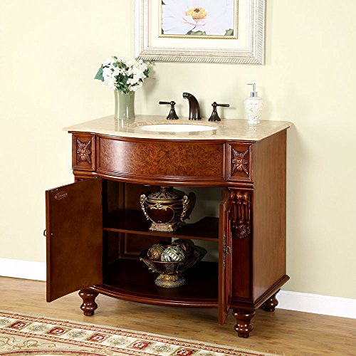 Silkroad Exclusive JYP-0192-T-UIC-36 Travertine Stone Top Single Sink Bathroom Vanity with Cherry Finish Cabinet, 36", Medium Wood