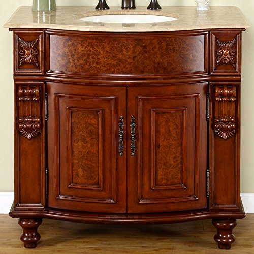 Silkroad Exclusive JYP-0192-T-UIC-36 Travertine Stone Top Single Sink Bathroom Vanity with Cherry Finish Cabinet, 36", Medium Wood