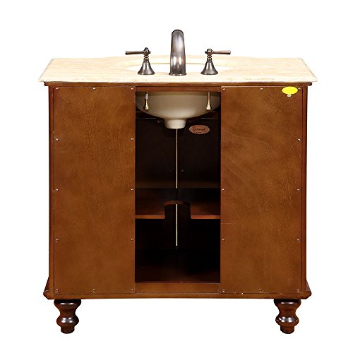 Silkroad Exclusive JYP-0192-T-UIC-36 Travertine Stone Top Single Sink Bathroom Vanity with Cherry Finish Cabinet, 36", Medium Wood