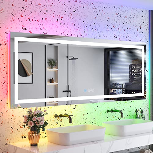 YEELAIT 84x32 LED Bathroom Mirror, Lighted Vanity Mirror with Lights for Wall, RGB Backlit + Front Light Bathroom Mirror Dimmable, Anti-Fog, Memory, Shatter-Proof, Horizontal/Vertical