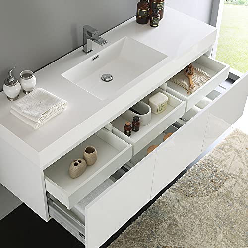Fresca Mezzo 60" White Wall Hung Single Sink Modern Bathroom Cabinet w/Integrated Sink