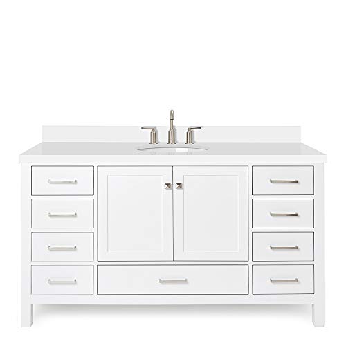 ARIEL 61" Inch White Bathroom Vanity with Pure White Quartz Countertop | Oval Sink | 2 Soft Closing Doors and 9 Full Extension Dovetail Drawers | No Mirror
