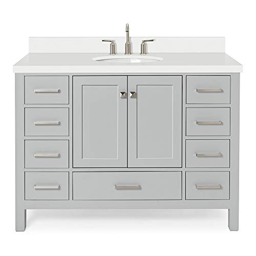 ARIEL 49" Inch Grey Bathroom Vanity with Pure White Quartz Countertop | Oval Sink | 2 Soft Closing Doors and 9 Full Extension Dovetail Drawers | No Mirror