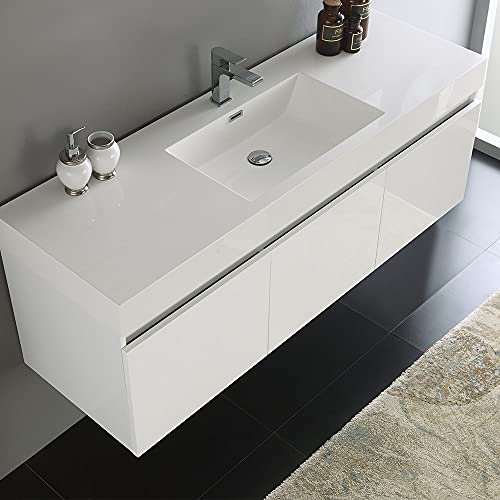 Fresca Mezzo 60" White Wall Hung Single Sink Modern Bathroom Cabinet w/Integrated Sink