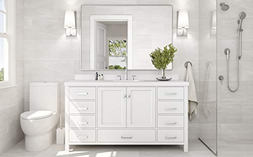 ARIEL 61" Inch White Bathroom Vanity with Pure White Quartz Countertop | Oval Sink | 2 Soft Closing Doors and 9 Full Extension Dovetail Drawers | No Mirror