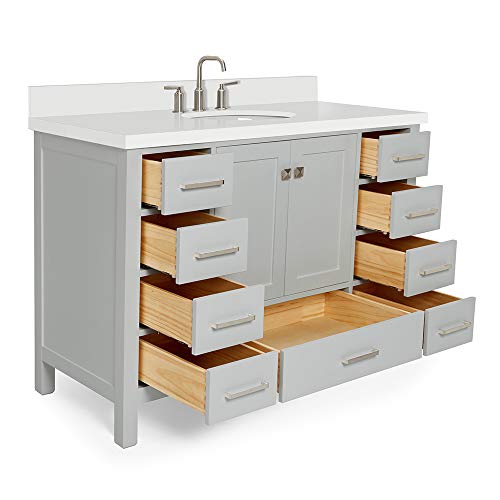 ARIEL 49" Inch Grey Bathroom Vanity with Pure White Quartz Countertop | Oval Sink | 2 Soft Closing Doors and 9 Full Extension Dovetail Drawers | No Mirror