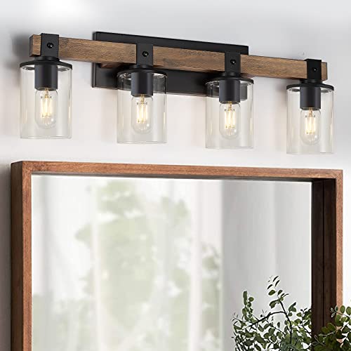 DRNANLIT 4-Light Industrial Farmhouse Vanity Lights, Rustic Wood Bathroom Wall Light with Clear Glass, Modern Metal Wall Sconce for Bedroom, Kitchen, Hallway (4-Light, Antique Wood)