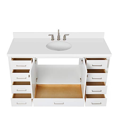 ARIEL 61" Inch White Bathroom Vanity with Pure White Quartz Countertop | Oval Sink | 2 Soft Closing Doors and 9 Full Extension Dovetail Drawers | No Mirror