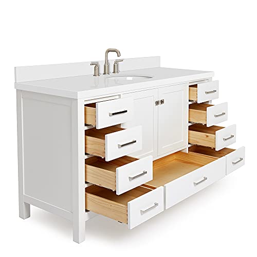 ARIEL 61" Inch White Bathroom Vanity with Pure White Quartz Countertop | Oval Sink | 2 Soft Closing Doors and 9 Full Extension Dovetail Drawers | No Mirror