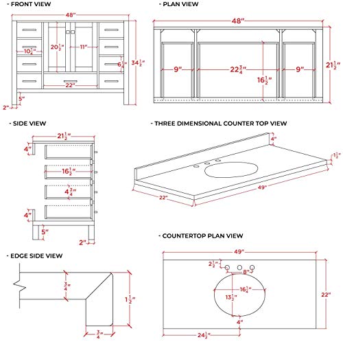 ARIEL 49" Inch Grey Bathroom Vanity with Pure White Quartz Countertop | Oval Sink | 2 Soft Closing Doors and 9 Full Extension Dovetail Drawers | No Mirror