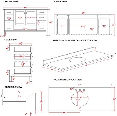 ARIEL 61" Inch White Bathroom Vanity with Pure White Quartz Countertop | Oval Sink | 2 Soft Closing Doors and 9 Full Extension Dovetail Drawers | No Mirror