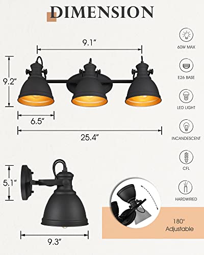 Audickic Industrial Bathroom Vanity Lamp, 3-Light Wall Mounted Vanity Lighting Fixture Over Mirror, Black Metal Frame, AD-2152-3W