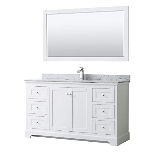 Wyndham Collection Avery 60 Inch Single Bathroom Vanity in White, White Carrara Marble Countertop, Undermount Square Sink, and 58 Inch Mirror