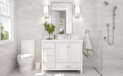 ARIEL 43" Inch White Bathroom Vanity with Pure White Quartz Countertop | Right Offset Oval Sink 2 Soft Closing Doors and 5 Full Extension Dovetail Drawers | No Mirror