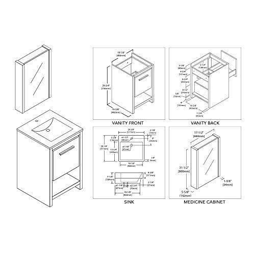 Blossom Milan 20" Inches Single Bathroom Vanity, MDF, Ceramic Sink with Mirror Medicine Cabinet Glossy White 014 20 01MC