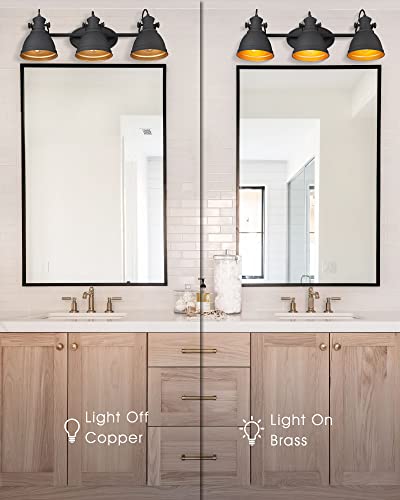 Audickic Industrial Bathroom Vanity Lamp, 3-Light Wall Mounted Vanity Lighting Fixture Over Mirror, Black Metal Frame, AD-2152-3W
