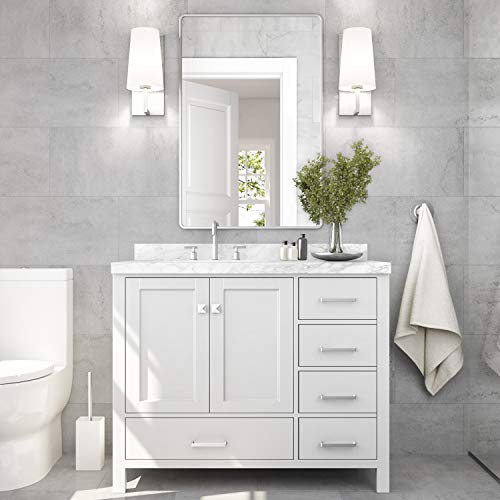 ARIEL 43" Inch White Bathroom Vanity w/ 1.5" Inch Edge Italian Carrara Marble Countertop & Backsplash | Left Oval Sink | 2 Soft Closing Doors & 5 Full Extension Dovetail Drawers | Satin Nickel Pulls