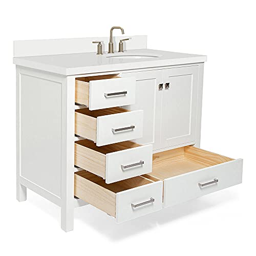ARIEL 43" Inch White Bathroom Vanity with Pure White Quartz Countertop | Right Offset Oval Sink 2 Soft Closing Doors and 5 Full Extension Dovetail Drawers | No Mirror