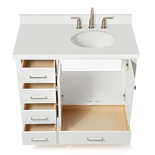 ARIEL 43" Inch White Bathroom Vanity with Pure White Quartz Countertop | Right Offset Oval Sink 2 Soft Closing Doors and 5 Full Extension Dovetail Drawers | No Mirror