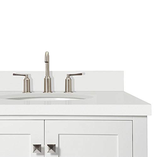 ARIEL 43" Inch White Bathroom Vanity with Pure White Quartz Countertop | Right Offset Oval Sink 2 Soft Closing Doors and 5 Full Extension Dovetail Drawers | No Mirror