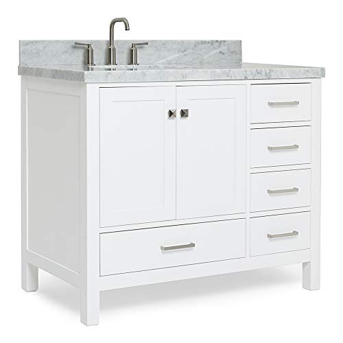 ARIEL 43" Inch White Bathroom Vanity w/ 1.5" Inch Edge Italian Carrara Marble Countertop & Backsplash | Left Oval Sink | 2 Soft Closing Doors & 5 Full Extension Dovetail Drawers | Satin Nickel Pulls