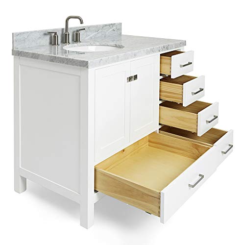 ARIEL 43" Inch White Bathroom Vanity w/ 1.5" Inch Edge Italian Carrara Marble Countertop & Backsplash | Left Oval Sink | 2 Soft Closing Doors & 5 Full Extension Dovetail Drawers | Satin Nickel Pulls
