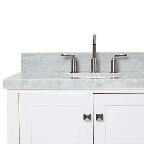 ARIEL 43" Inch White Bathroom Vanity w/ 1.5" Inch Edge Italian Carrara Marble Countertop & Backsplash | Left Oval Sink | 2 Soft Closing Doors & 5 Full Extension Dovetail Drawers | Satin Nickel Pulls