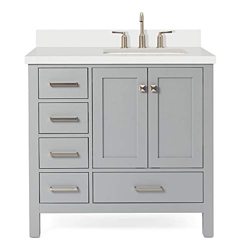 ARIEL 37" Inch Grey Bathroom Vanity w/ 1.5" Edge Pure White Quartz Countertop & Backsplash | Right Rectangular Sink | 2 Soft Closing Doors & 5 Full Extension Dovetail Drawers | Satin Nickel Pulls