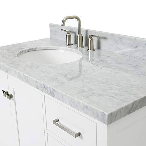 ARIEL 43" Inch White Bathroom Vanity w/ 1.5" Inch Edge Italian Carrara Marble Countertop & Backsplash | Left Oval Sink | 2 Soft Closing Doors & 5 Full Extension Dovetail Drawers | Satin Nickel Pulls