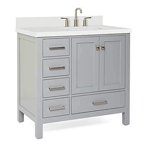 ARIEL 37" Inch Grey Bathroom Vanity w/ 1.5" Edge Pure White Quartz Countertop & Backsplash | Right Rectangular Sink | 2 Soft Closing Doors & 5 Full Extension Dovetail Drawers | Satin Nickel Pulls