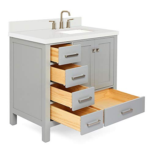 ARIEL 37" Inch Grey Bathroom Vanity w/ 1.5" Edge Pure White Quartz Countertop & Backsplash | Right Rectangular Sink | 2 Soft Closing Doors & 5 Full Extension Dovetail Drawers | Satin Nickel Pulls