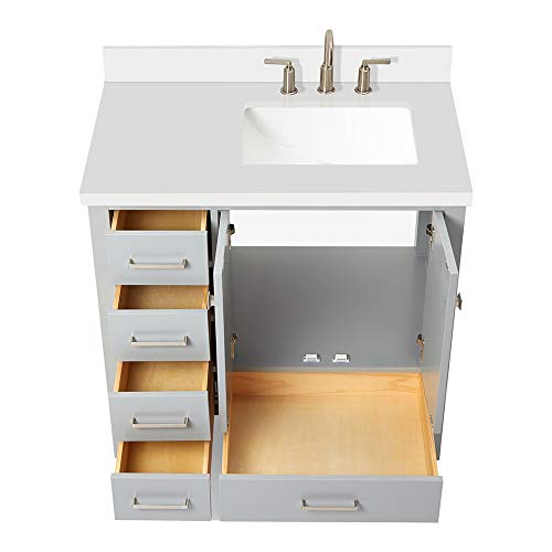 ARIEL 37" Inch Grey Bathroom Vanity w/ 1.5" Edge Pure White Quartz Countertop & Backsplash | Right Rectangular Sink | 2 Soft Closing Doors & 5 Full Extension Dovetail Drawers | Satin Nickel Pulls