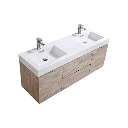 Kube BSL60D-NW Bliss 60" Double Sink Nature Wood Wall Mount Modern Bathroom Vanity