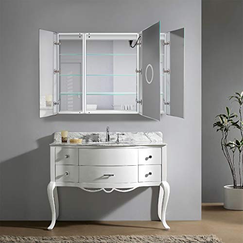 Krugg LED Tri-View Medicine Cabinets with Defogger, Dimmer, 3X Makeup Mirror, Outlet & USB (48 x 36 Left Right Right)