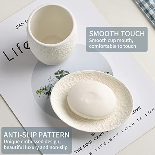 Bathroom Accessories Set with Embossed Design 4PCS, Ceramic White Bathroom Accessory Set, 1Pcs Bathroom Soap Dispenser 14oz, 2Pcs Tumbler Cup, 1Pcs Soap Dish, ANTIS'S HOME