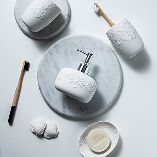 Bathroom Accessories Set with Embossed Design 4PCS, Ceramic White Bathroom Accessory Set, 1Pcs Bathroom Soap Dispenser 14oz, 2Pcs Tumbler Cup, 1Pcs Soap Dish, ANTIS'S HOME