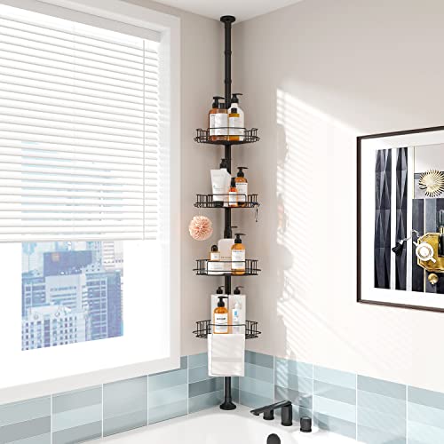 EZFurni Shower Caddy Corner, 4 Layer Organizer, Rustproof Stainless Shelves, Drill Free Rack, Large Storage and Tension Pole,56-114 Inch, Black